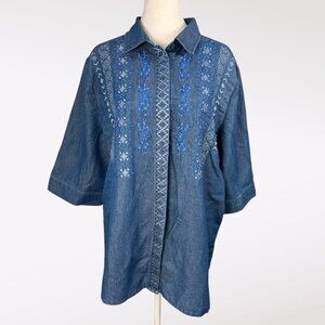 Vintage Y2K American Sweetheart Embroidered Denim Shirt Blue Button Up Western L